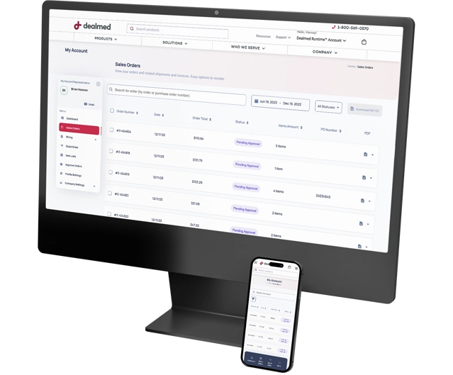 The Dealmed Runtime order list, showing recent orders and their status